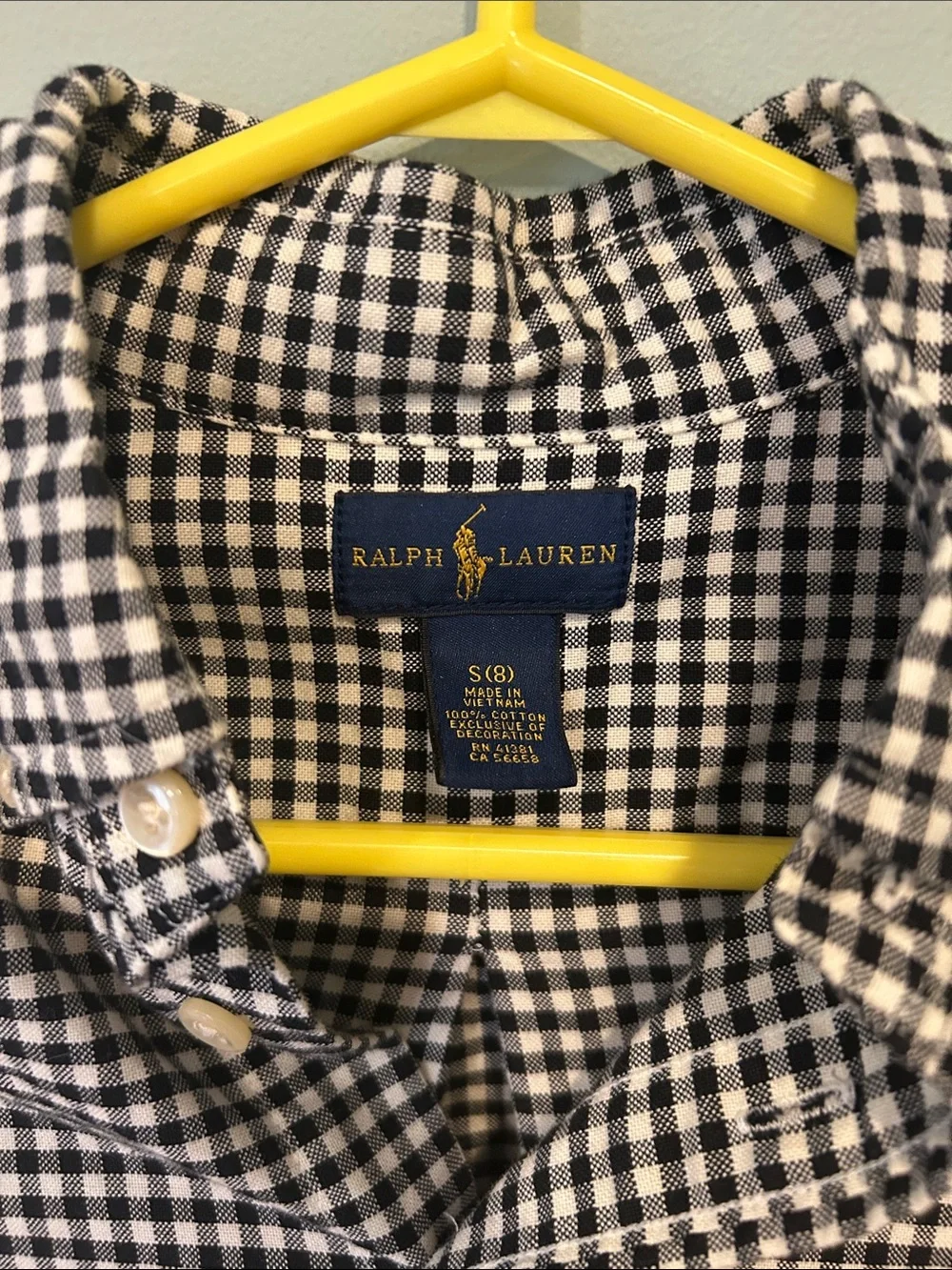 Boy’s 7/8 Ralph Lauren Black & White Gingham Shirt with Red Pony, 100% Cotton